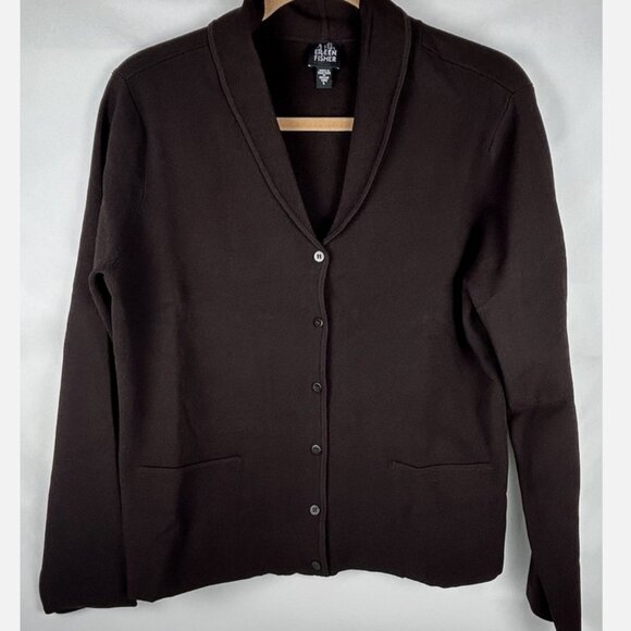 Eileen Fisher Dark Brown Viscose Button Cardigan Sweater Jacket Womens L Pockets - Picture 1 of 5